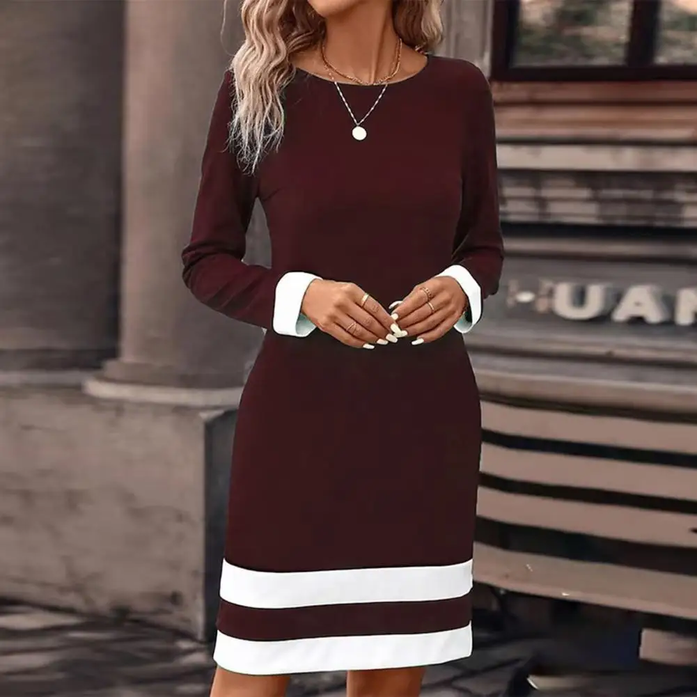 

Color Blocking Dress Striped Print O-neck Long Sleeve Dress for Women Elegant Spring Autumn Mini Dress with Slim Fit Stylish