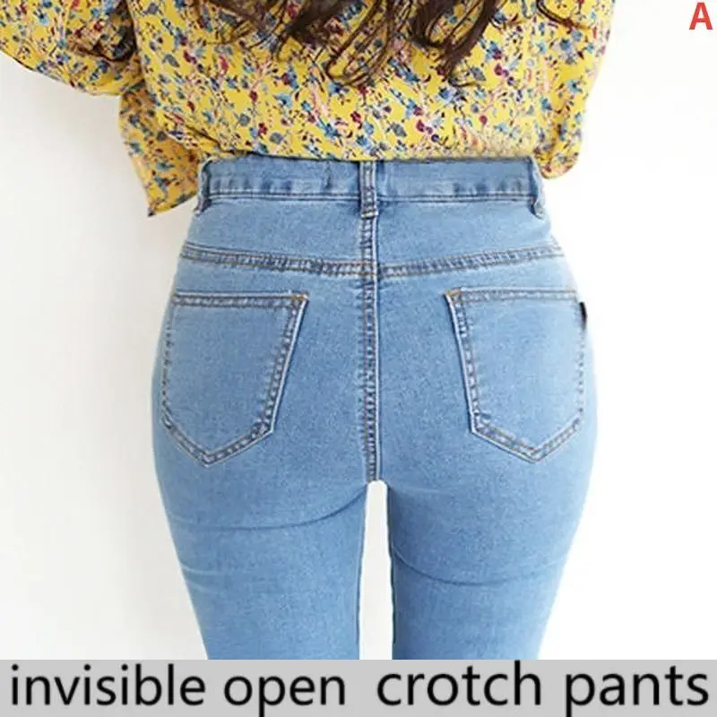 Open-Crotch Pants Stretch High Waist Jeans Women's Cropped Tight Light Blue Pencil Pants with Double-Headed Invisible Zipper