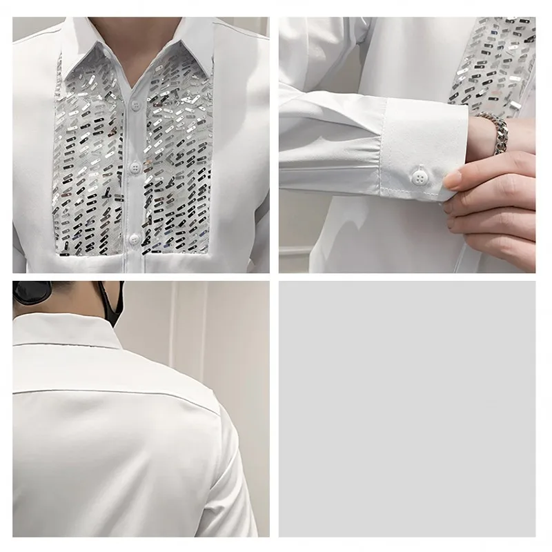 Camisa Masculina Com Lantejoulas AIBEIX - Manga Longa Transparente - Festas E Eventos