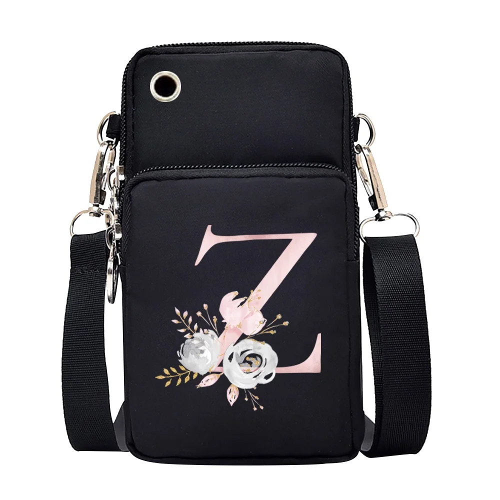 Waterproof Mobile Phone Bag for Iphone/huawei/xiaomi/samsung Universal Pink Flower 26 Letters Cell Phone Case Women Wrist Pack