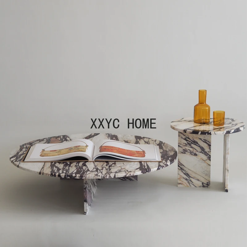 

zqNatural Marble Coffee Table High-End Living Room round Luxury Stone Coffee Table Tall and Short Combination