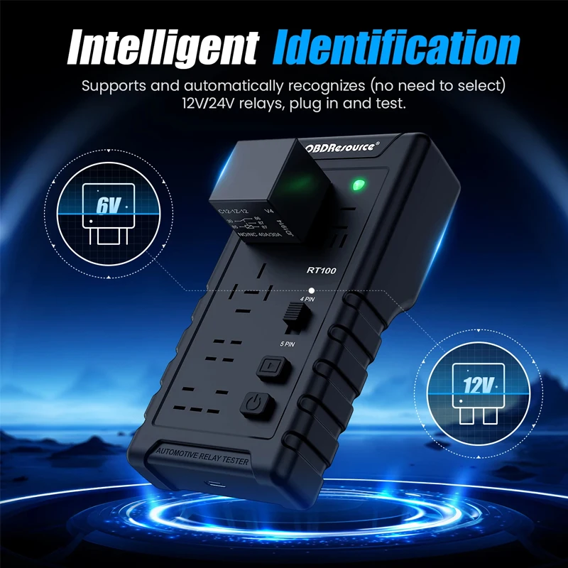 OBDResource 12V/24V Car Relay Tester 4Pin/5Pin Car Battery Checker Automatic Identification Voltage Tester Diagnostic Tool
