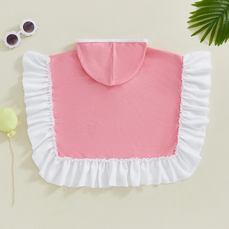 1-4Years Kids Baby Girl Hooded Poncho Towels Toddlers Contrast Color Bow Ruffled Loose Fit Beach Robe Cover-ups Swimwears children swimwear
