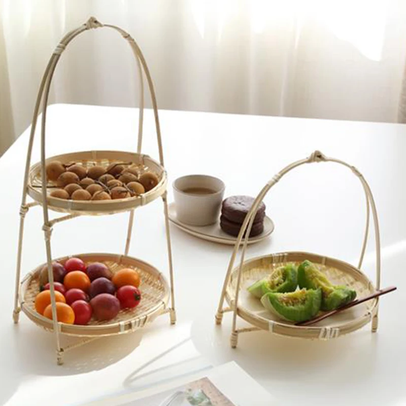 Bamboo Weaving Straw Baskets Tier Rack Wicker Fruit Bread Food Storage Kitchen Decorate Round Plate Stand Container 3