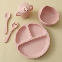 5PCS Baby Silicone Tableware Set Suction Bowl Plate Soft Utensils Sippy Cup Baby Stuff Feeding Training Sets For Baby 1
