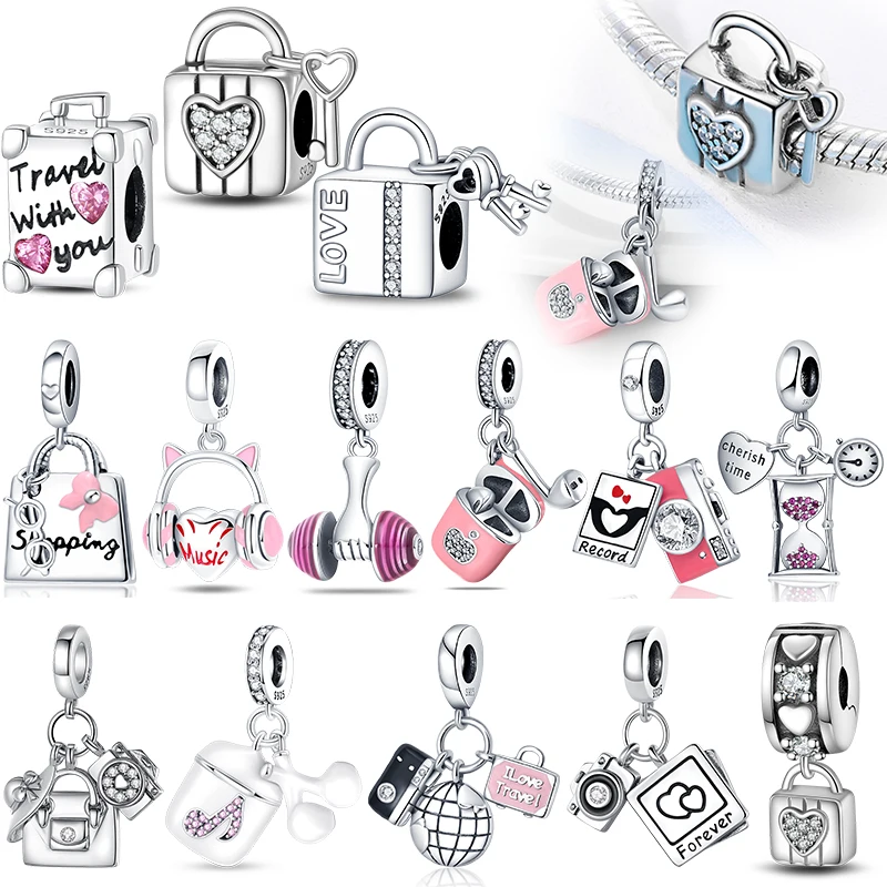 S925 Silver Color Travel Shopping Bag Pink Music Earphone Charms Fit For Pan Original Bracelet DIY Fine Jewelry Making beads charms,charm jewelry,charm bead,beads jewelry,silver charm bead,sterling silver beads charm,bead jewelry making