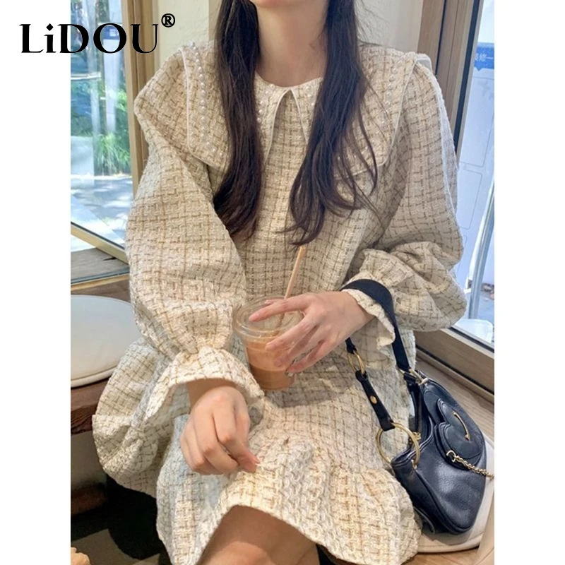

2023 Spring Autumn New Doll Collar Fashion Long Sleeve Midi Dress Women High Street Vintage Elegant Ruffles All-match Vestidos