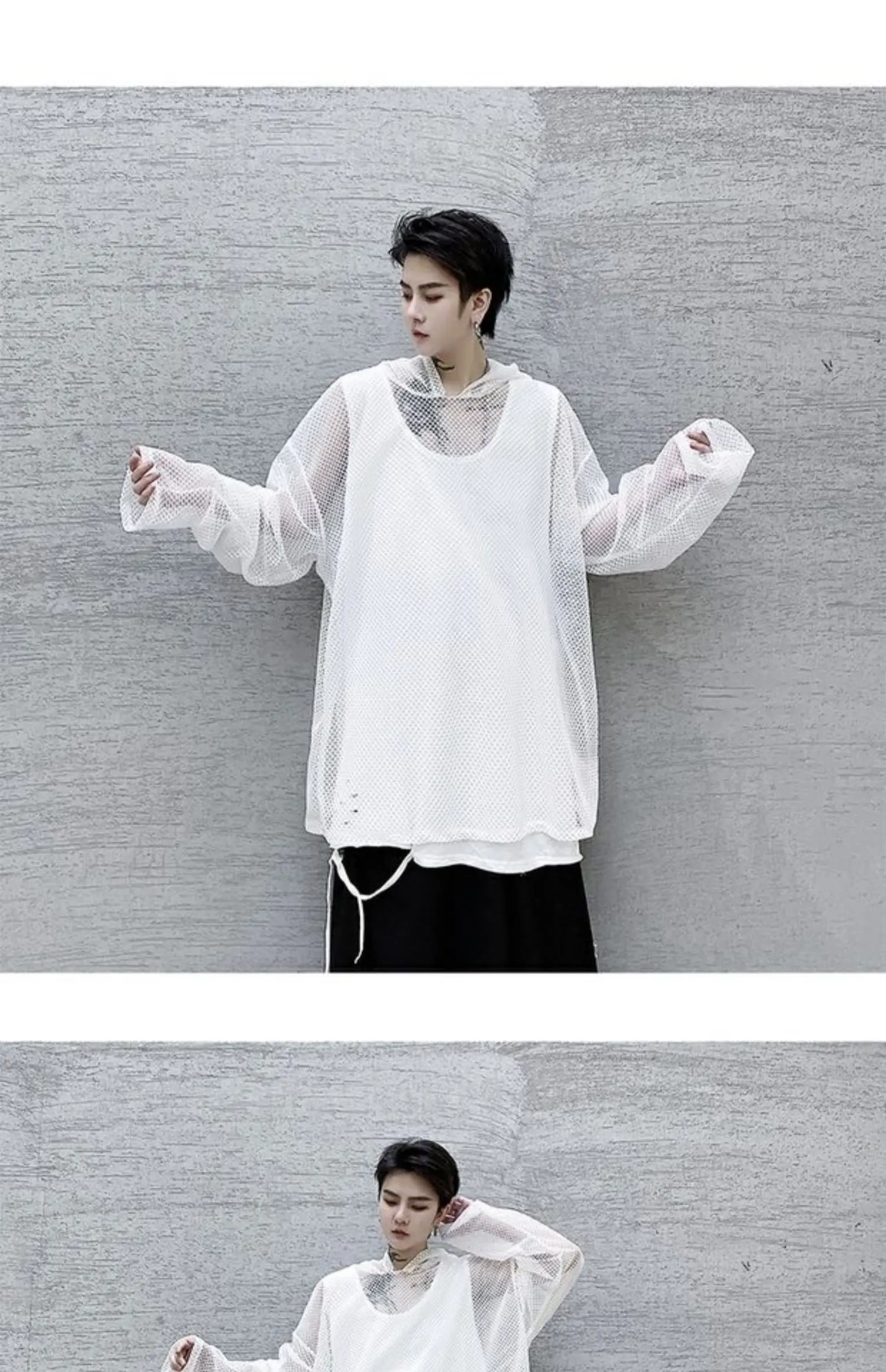 2024 Summer Dark Hollowed Out Mesh Hoodies T-shirt For Men Women Long Sleeves Loose Hooded Mesh Transparent Shirts