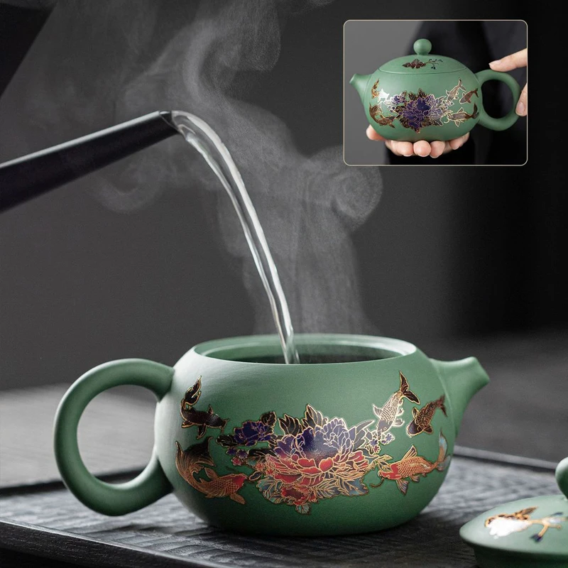 Chinese Style High temperature discoloration Teapot, Purple Clay Raw ore green mud, Kung Fu Household 210ml One pot and two cups