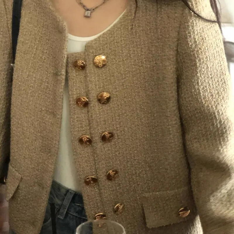 2024 Spring Autumn New Retro Small Fragrant Wind Jacket Elegant Temperament Women's Round Neck Overcoat Loose Cardigan Short Top