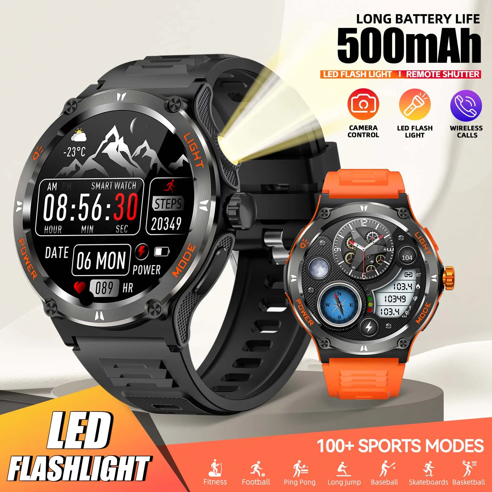 LaNikar Smart Watch 3ATM Waterproof 1.53"KT76 Men Sport With Compass And LED Flashlight Heart Rate Sleep Analysis Bluetooth Call