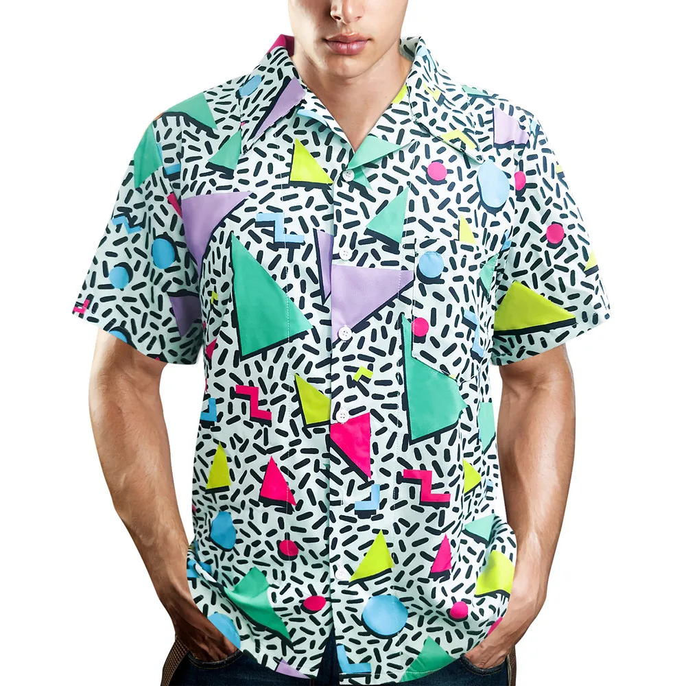 Camisas con botones de los años 80 para hombre, camisas de playa hawaianas Vintage, camisas de discoteca, camisa de fiesta temática de los años 90