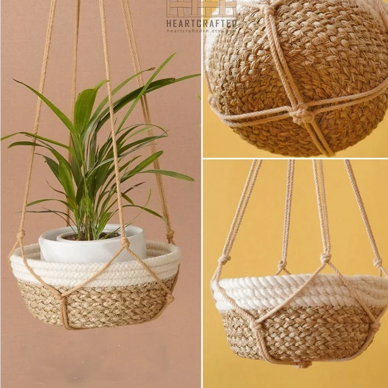 Colourful Boho Macrame Plant Holder Hand Woven 100% Cotton Woven Baske Hanger Hanging Basket For Indoor Plants Bonsai Home Decor