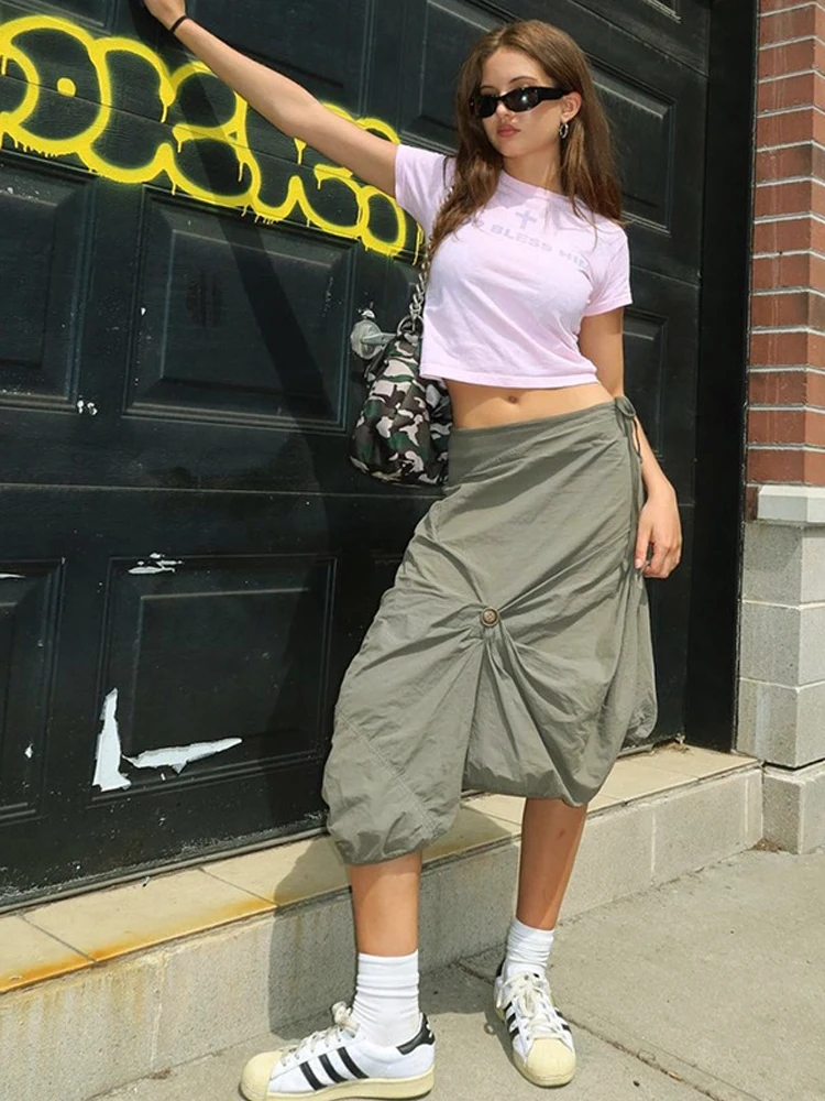 

Solid Casual Baggy Loose Cargo Skirts Womens Irregular Button Y2K Streetwear Drawstring Hem Low Waist Hippie Long Skirts