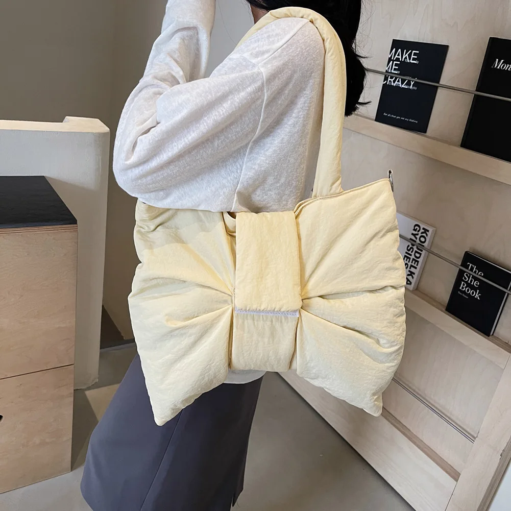typeservice☆Padded Bow Bag Nylon Puffer Shoulder Bag Women Bowknot Tote Bag Adjustable