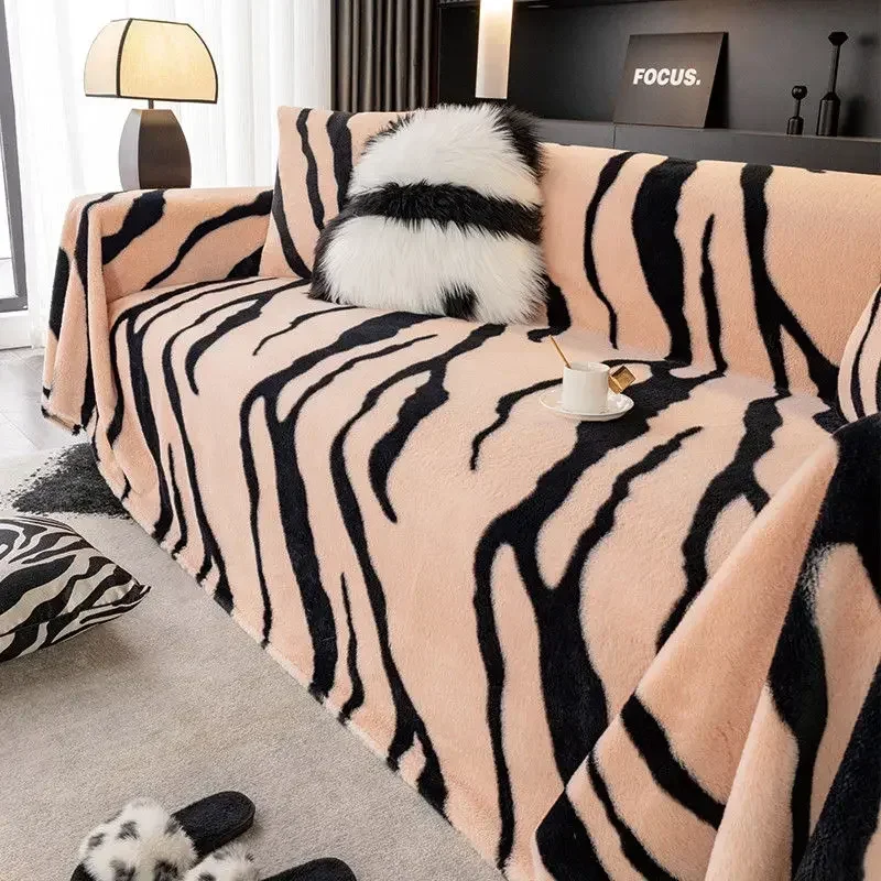 Light Luxury Rabbit Plush Sofa Cover Cloth Thick Anti Slip L Sofa Towel Leopard Print Backrest  Autumn Winter Couch Mat Blanket 6