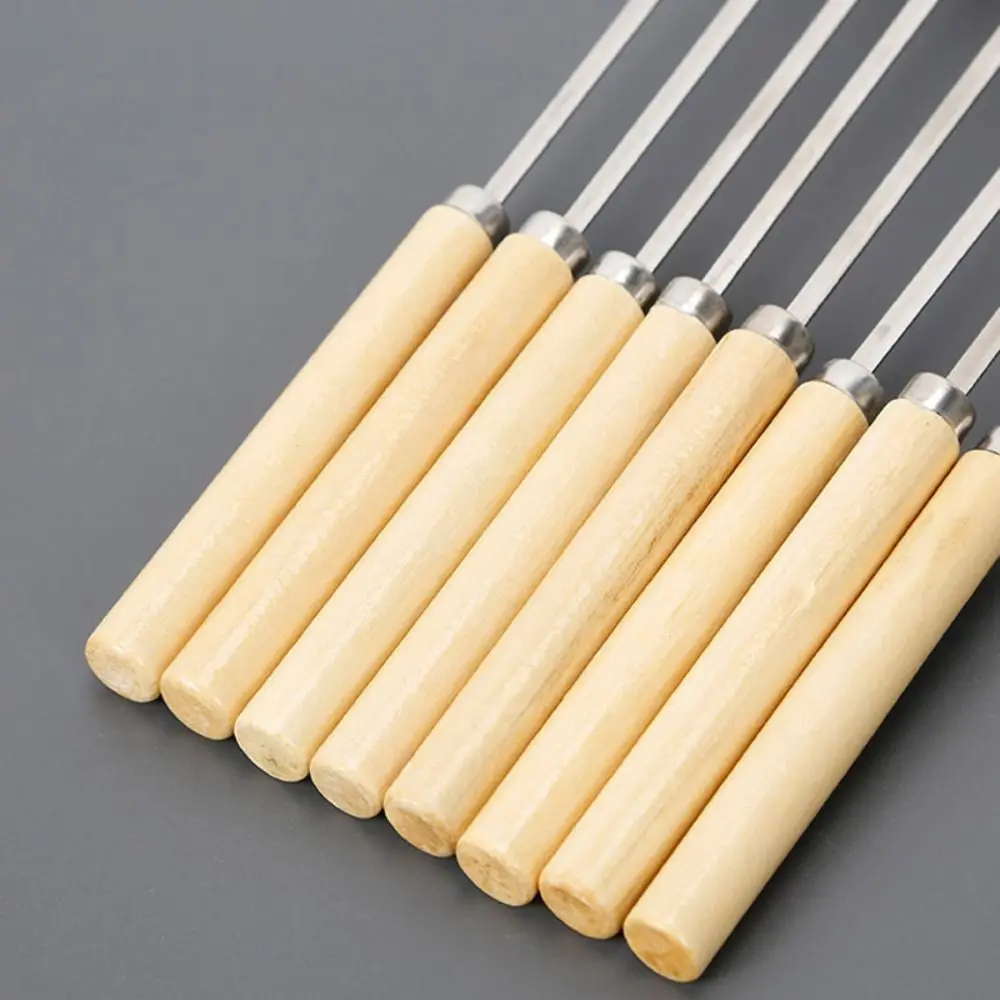 Description Picture 4 of item10pcs/set Wooden Handle Flat Barbecue Skewers Anti-scald Anti-slip Stainless Steel Barbecue Stick 35cm Reusable