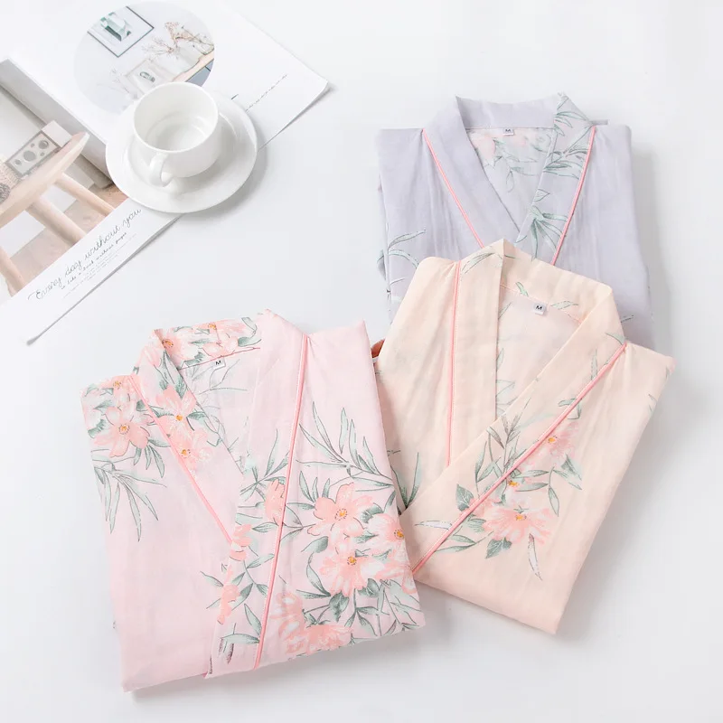 Half Sleeve Cotton Kimono Bathrobe Women's Nightgown Spring and Summer Floral Printed Lace Up Sweatshirt Night Gown
