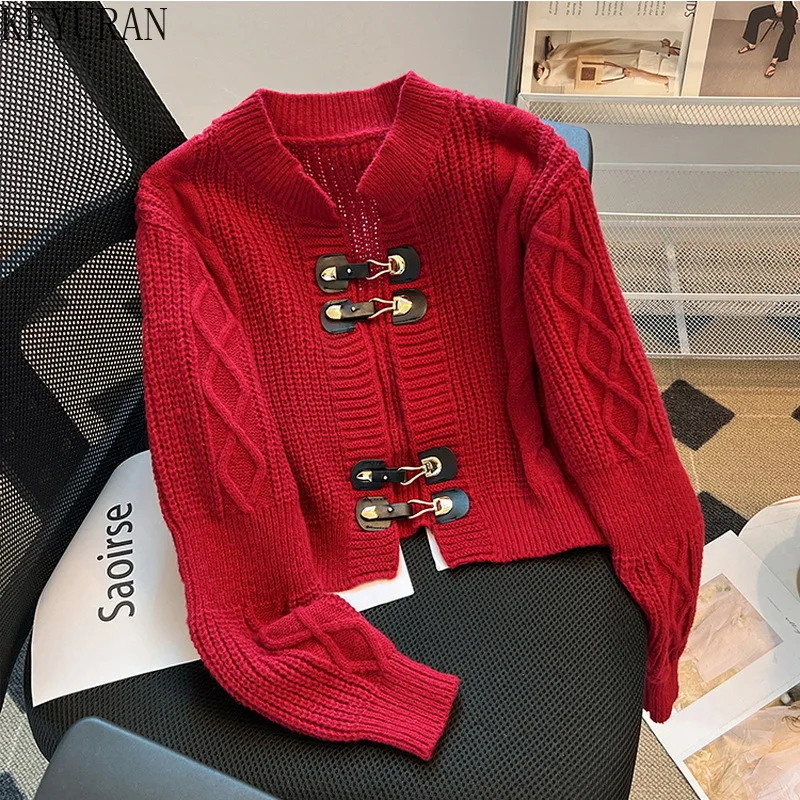 

Red Chic Button Knitted Cardigan Women Clothing 2023 Autumn Vintage O-neck Long Sleeve Twist Sweater Femme Knitwears Tops Jumper