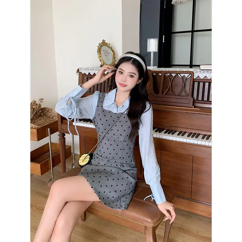 Femme Spring Summer Fashion Trend Polka Dot Solid Color Dresses Women Clothes All-match Fake Two Pieces Appear Thin Casual Dress 5