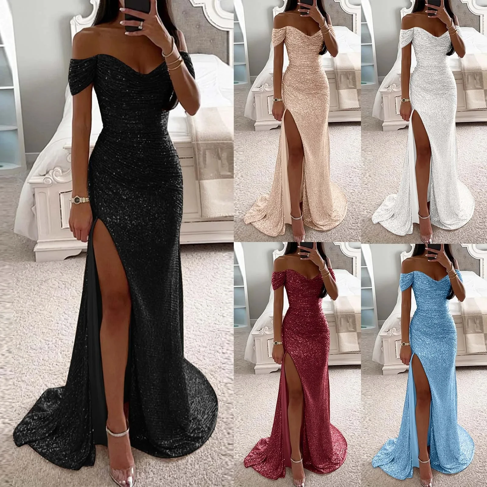 MisShow Women Sequin Prom Dresses Elegant Off-Shoulder Mermaid Slit Evening Party Maxi Gowns robes de soir&eacute;e