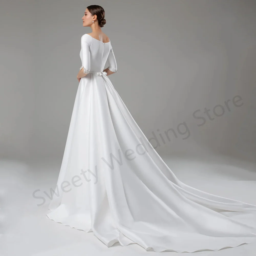 Modern Satin Wedding Dress Vestido De Noiva Customized Scoop Neck Half Sleeves Beading Stones A Line Bridal Gown for Women Bride 5