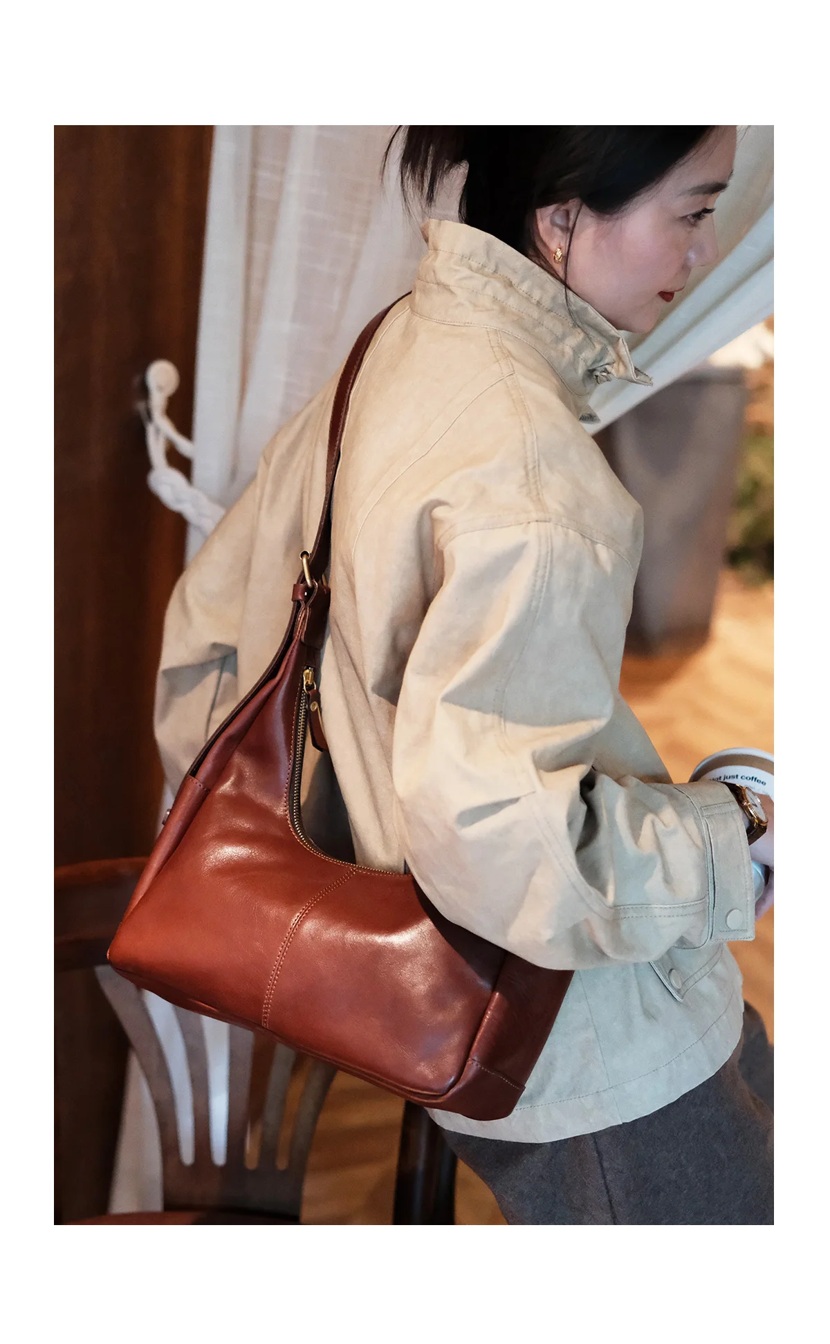 Handgefertigte Damen-Umhängetasche aus echtem Leder, modische Vintage-Luxus-Unterarmtasche aus echtem Rindsleder für Frauen. – Detail 4