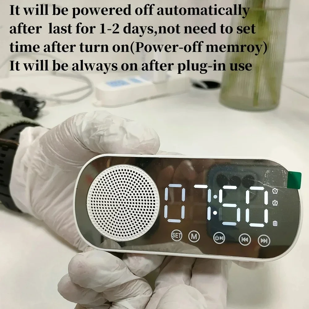 USB Plug-in Mirror Digital Alarm Clock Timer Support TF FM Radio Wireless Speaker Subwoofer Desktop Music Player