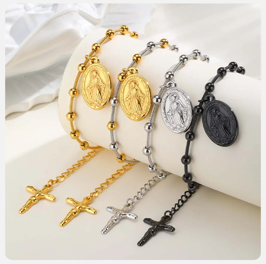 Vnox Damen-Rosenkranz-Jungfrau Maria-Armbänder, trendiges Edelstahl-Kreuzarmband im zwei Stil, bezaubernder religiöser Gebetsschmuck – Detail 5