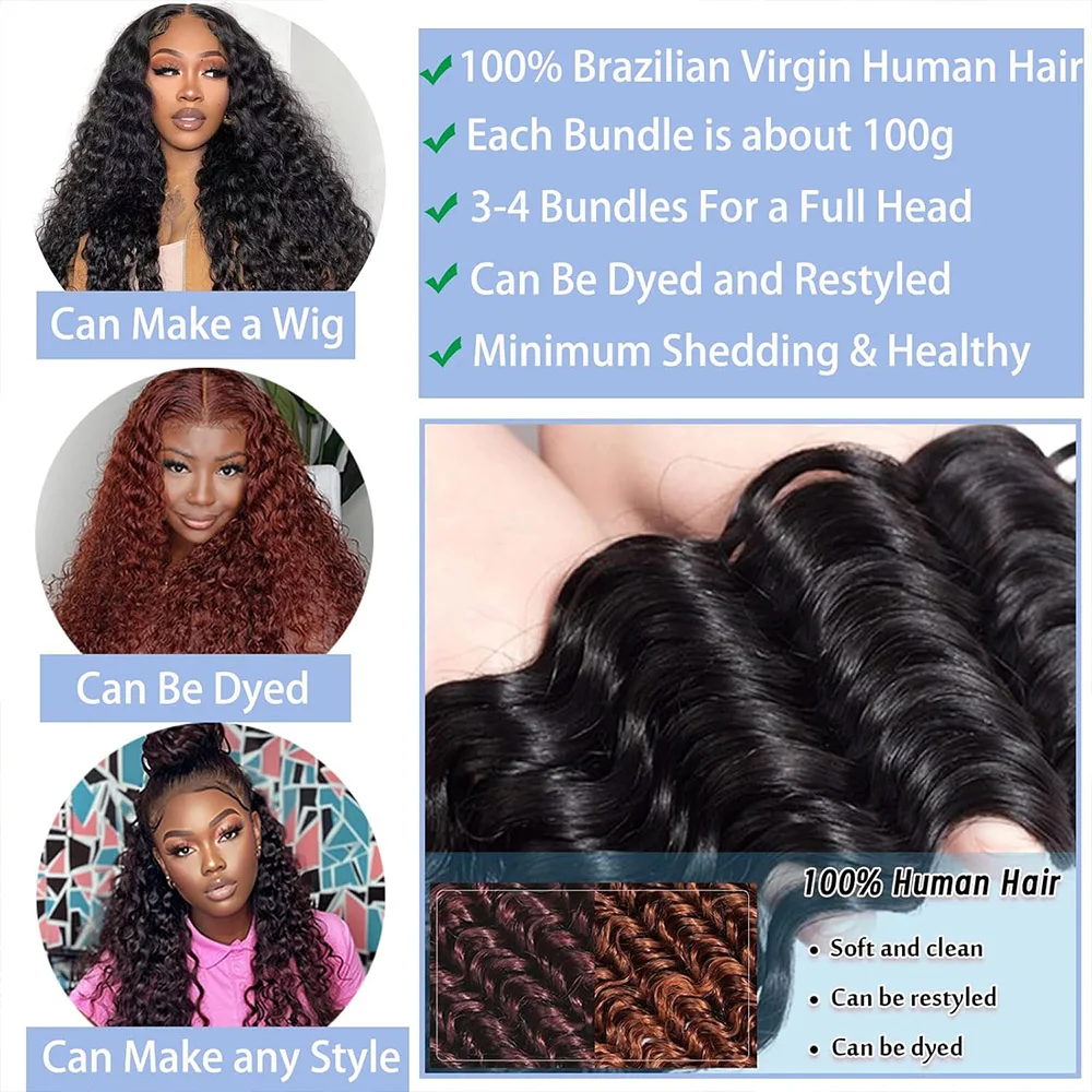 Brazilian Virgin Deep Wave Human Hair 1 3 4Bundle Unprocessed Human Hair Bundle Wet And Wavy Bundles Double Weft Deep Curly Wave