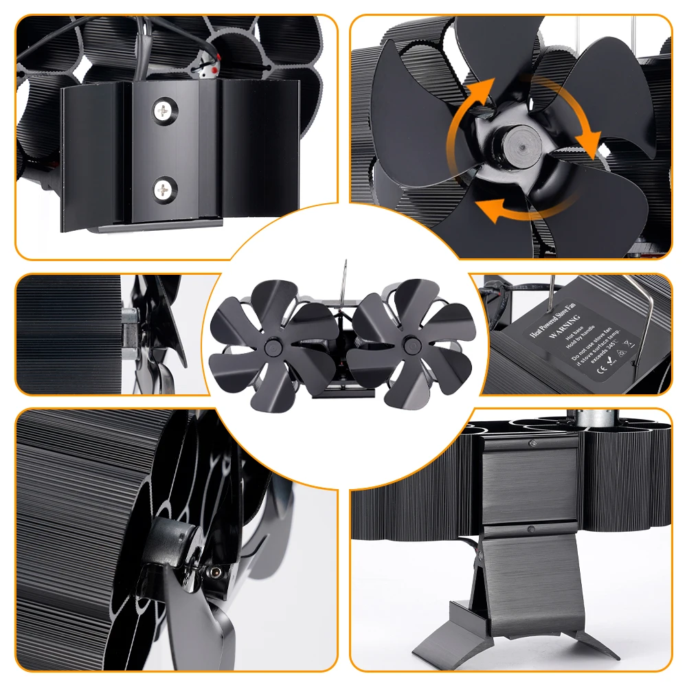 Wall-mounted 10 Blades Heat Powered Stove Fan Double Head Log Wood Burner Eco Quiet Fireplace Fan Efficient Heat Distribution