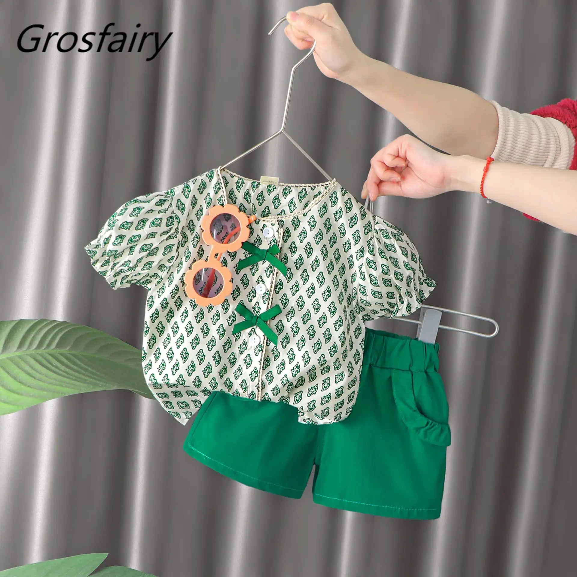 

Grosfalry Baby Girl Clothes Sets Toddler Girls Clothing Outfits Kids Princess Suits Bow Tops+Solid Shorts Single Blouse Summer