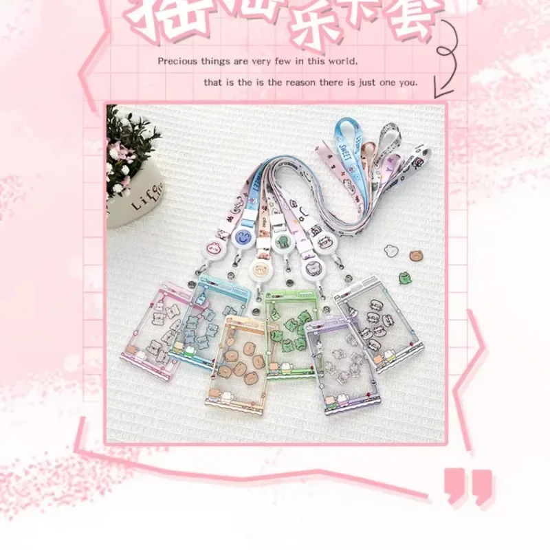 Cartoon Id Credit Card Holder Student Sliding Cover Card Holder Meal Cards Case Transparent Bus Sleeve with Rope Fun