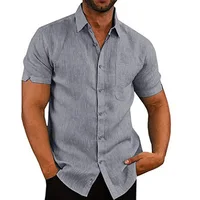 Summer Men's Short Sleeve Shirt Fashion Solid Color Linen Cotton Breathable Leisure Lapel Button T-shirt Business Casual Shirt 1