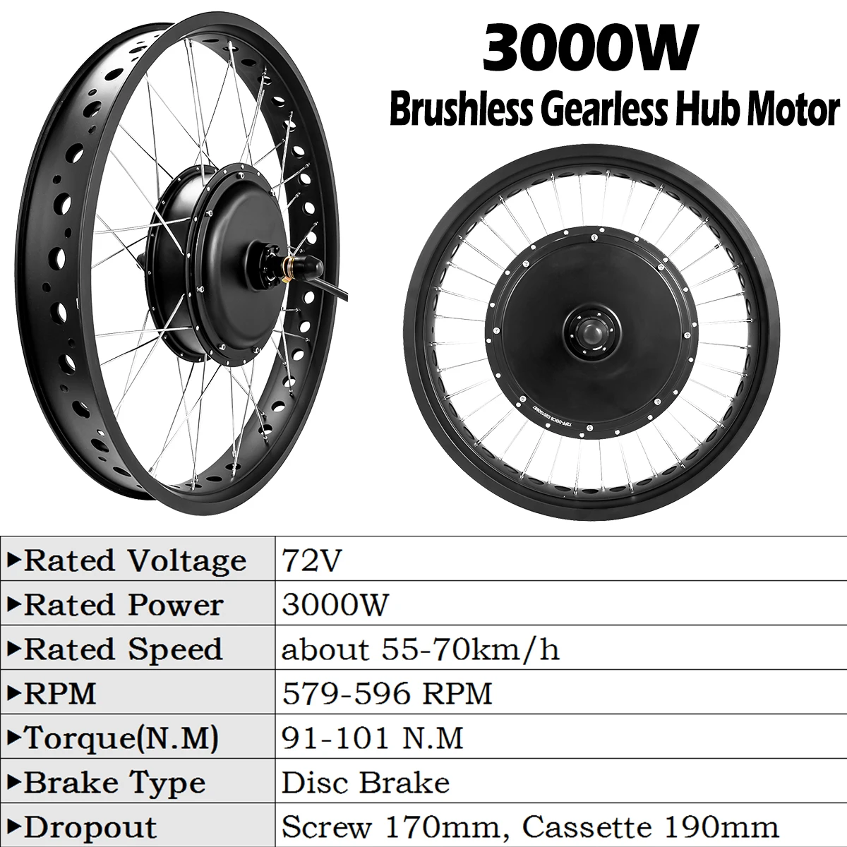 Kit Conversion Roue Moteur Arrière Vélo électrique 1000-3000W - 20" 26x4.0, 48-72V