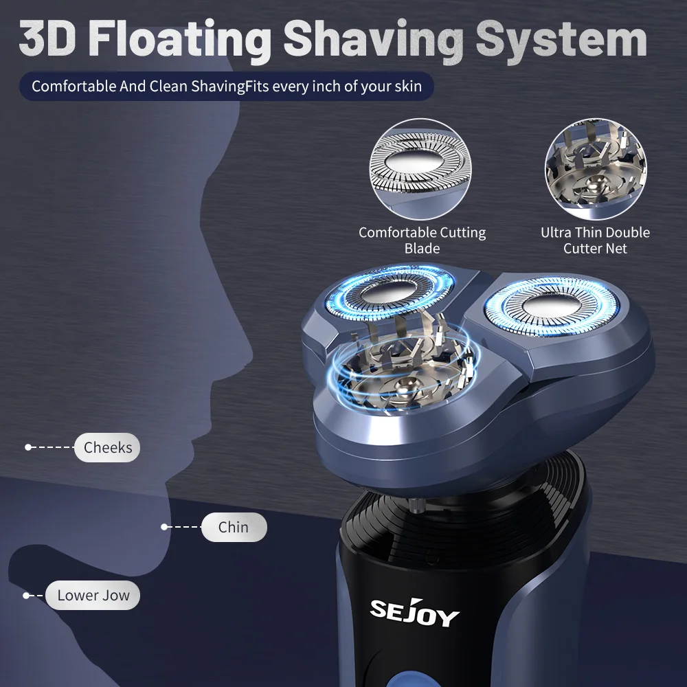 SEJOY Men's Electric Razor USB Rechargeable Shaver Triple Blade Trimmer Beard Floating Head Waterproof Hair Shaving Machine 5