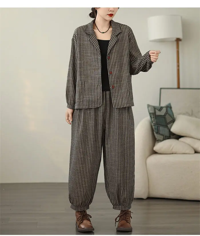 Retro Stripe Cotton And Linen Suit 2024 Women's Autumn Temperament Casual Wide Leg Harem Pants Loose Oversized 2 Piece Set K2478