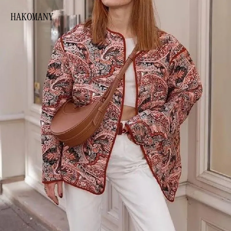 

Женская Стеганая куртка без пуговиц, свободная стеганая куртка контрастных цветов с принтом пейсли и круглым вырезом, с длинным рукавом, в этническом стиле, Осень-зима