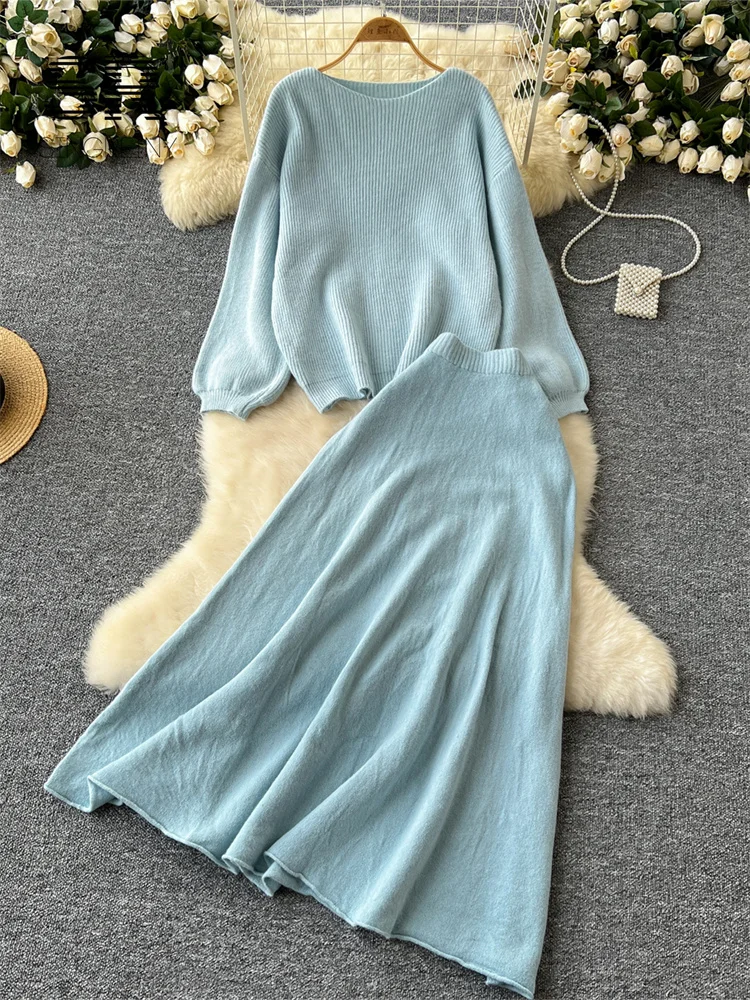 Women Two Piece Sets 2pcs Suits Women Autumn Winter Loose Sweater+Elastic Waist Skirt Ladies Basics Knitting Two Pieces Sets