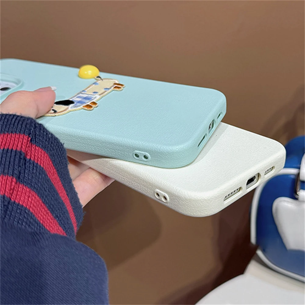 Étui en cuir à motif de boule de chiot de dinosaure brodé en 3D coréen mignon pour iPhone 15 Pro Max 14 Pro 13 12 11 couverture souple de dessin animé_voghion.com