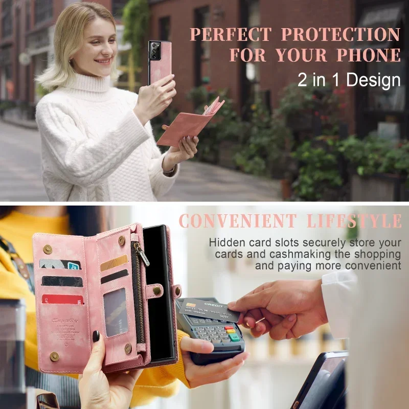 Magnetic Closure Leather Wallet Case for Samsung Note 10 Plus Note 20 Ultra Flip Cover Card Slots Zipper Pocket with Hand Strap