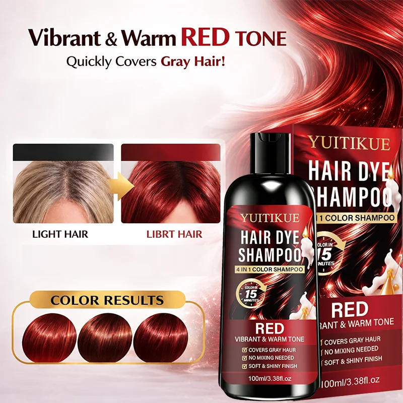 YUITIKUE Shampoo colorante rosso 4 in 1, colore caldo a lunga durata, shampoo colorante rapido per coprire i capelli bianchi e grigi - immagine 5