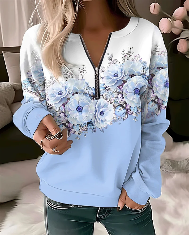 Women's Crew Neck Zipper Half-open Sweatshirt Elegant Botanical Flower Print Hoodie Female Autumn Long Sleeve Pullover Outerwear