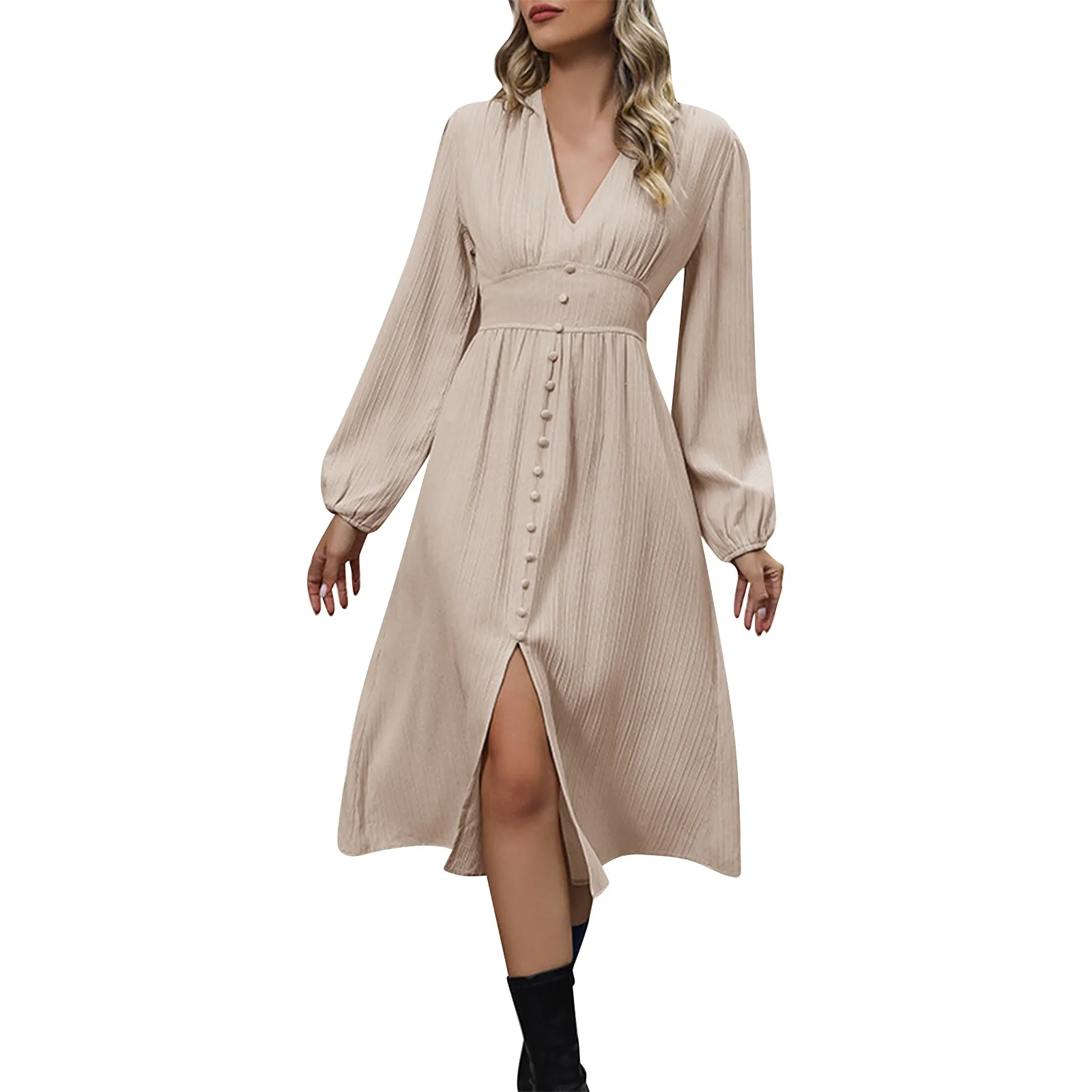 

Women's Fashion Casual Long Sleeve A-Line Skirt V-Neck Slit Solid Color Dress Youthful Elegant Street Wear Dress roupas feminina