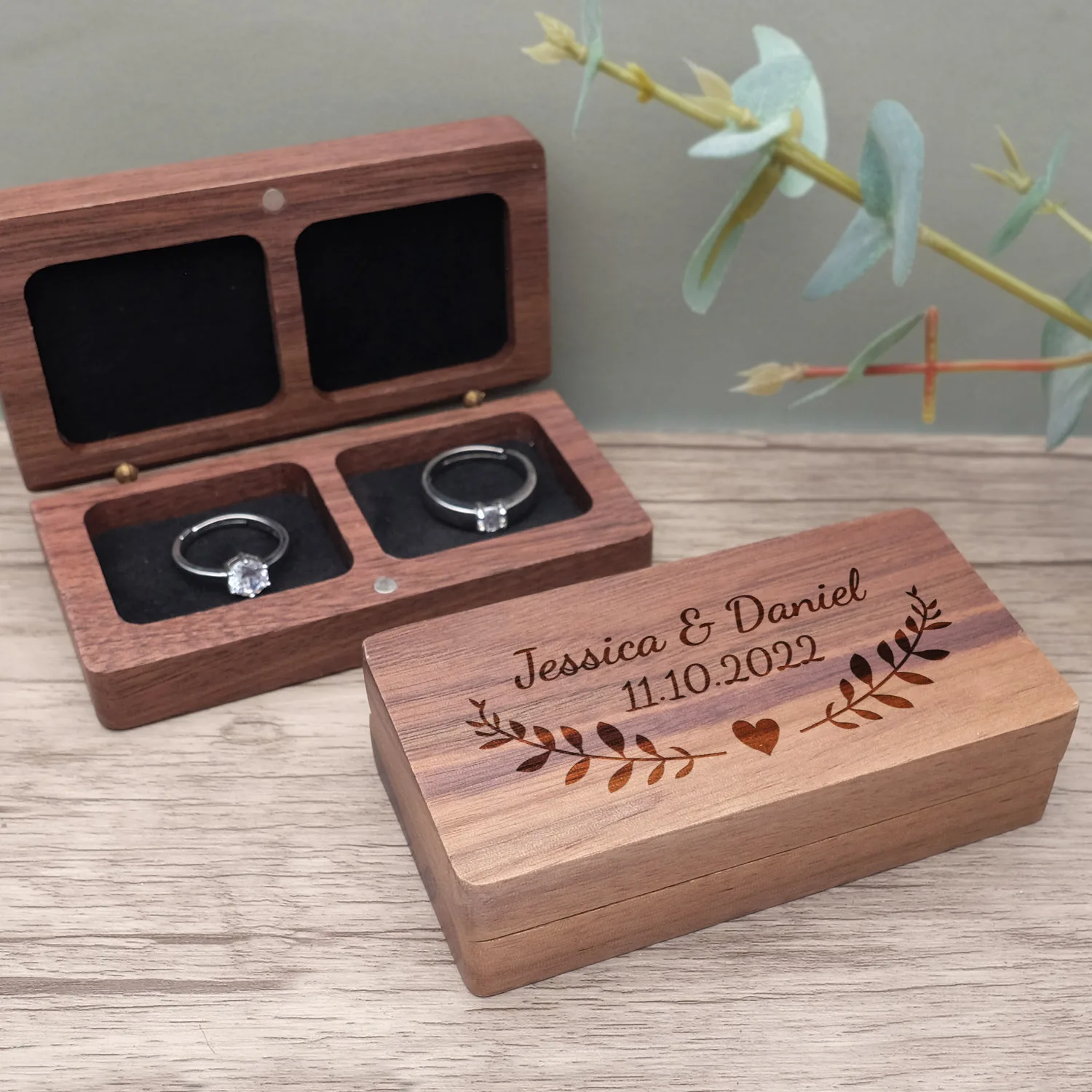 Personalized Wedding Ring Box Rustic Ring Pillow Holder Wood Ring Box Double Seat Ring Box Jewelry Holder Wedding Engagement Box