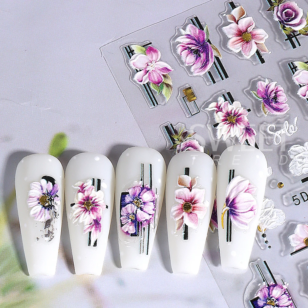 Purple Geometry Flower Nail Art Stickers 5D Embossed Self-Adhesive Rose Winter Nail Decals for Valentine's Day Manicure Decor
