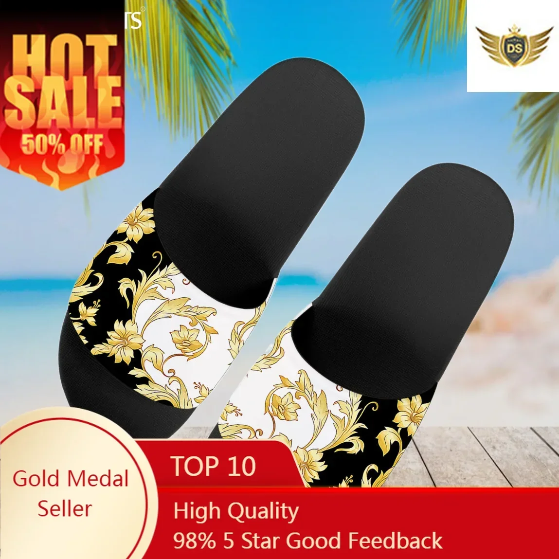 

Golden Baroque Floral Pattern Soft Slide Sandals For Women Casual Girls Outdoor Slippers Beach Flip Flop Summer