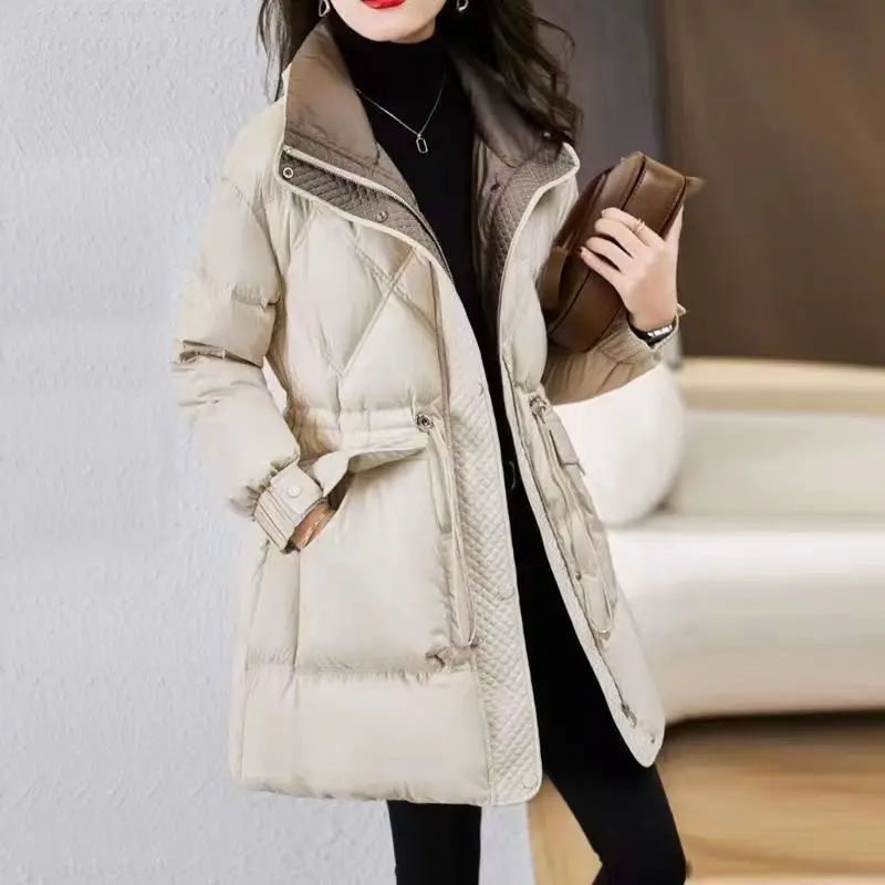 fashion-down-jacket-women-winter-new-high-collar-drawstring-the-waist-parkas-coat-korean-stitching-warm-outerwear-female