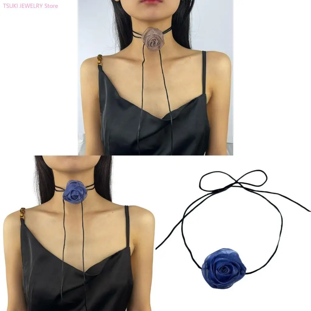 62ke Elegante Stoff Halskette Blumenform Neckkette Buntes Rosen -Schlüsselbeinketten Blossom Colarmbone Kette Origination
