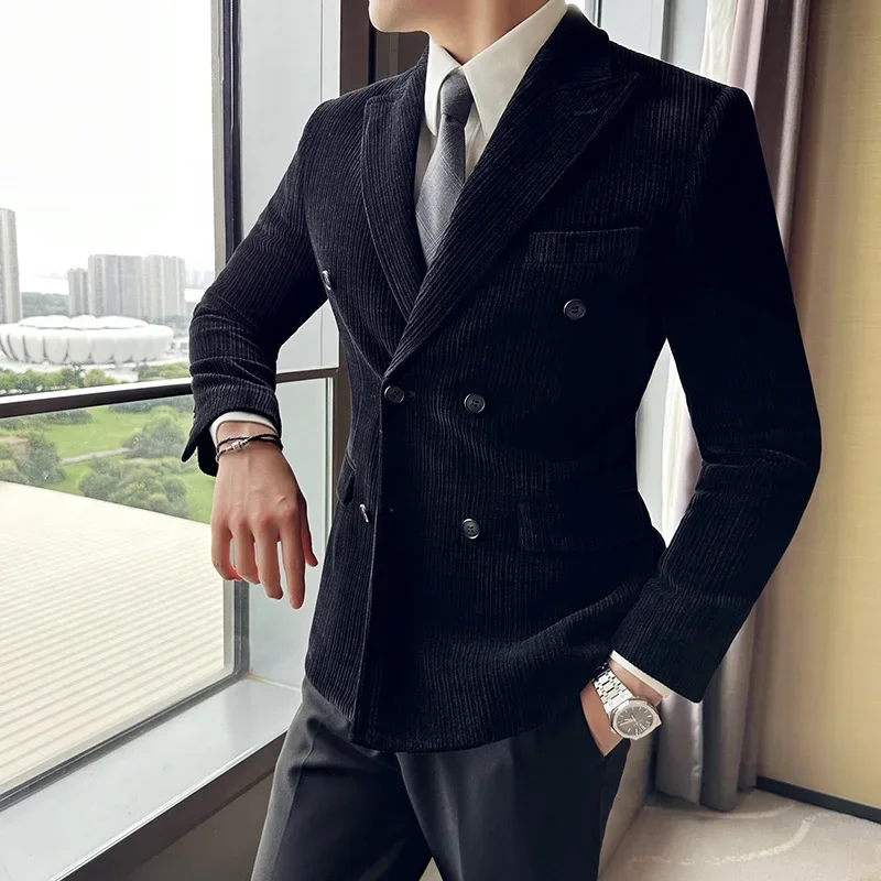 

Men's Corduroy Double Breasted Suit/Brand Clothing Men's Spring Fashion Business Blazers/Man Slim Fit Office Tuxedo 3XL-M